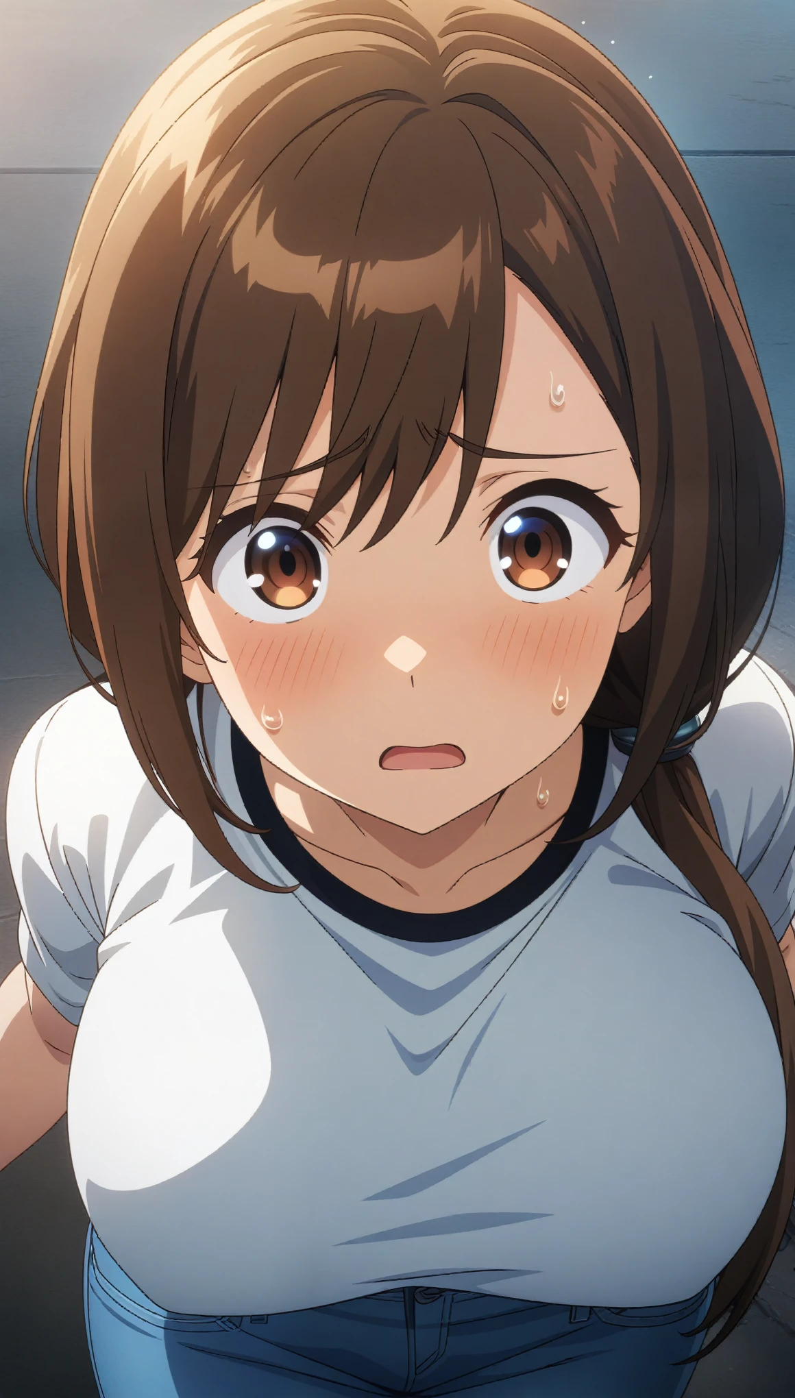 (masterpiece:1.3), (best quality:1.3), (very detailed), anime style:0.1, game cg, anime coloring,((simple background)),from above,looking up,woman,White T-shirt,Blue jeans,Brown Hair,Big Breasts,low ponytail,30 years old,nervous,1girl,stand,cold sweat