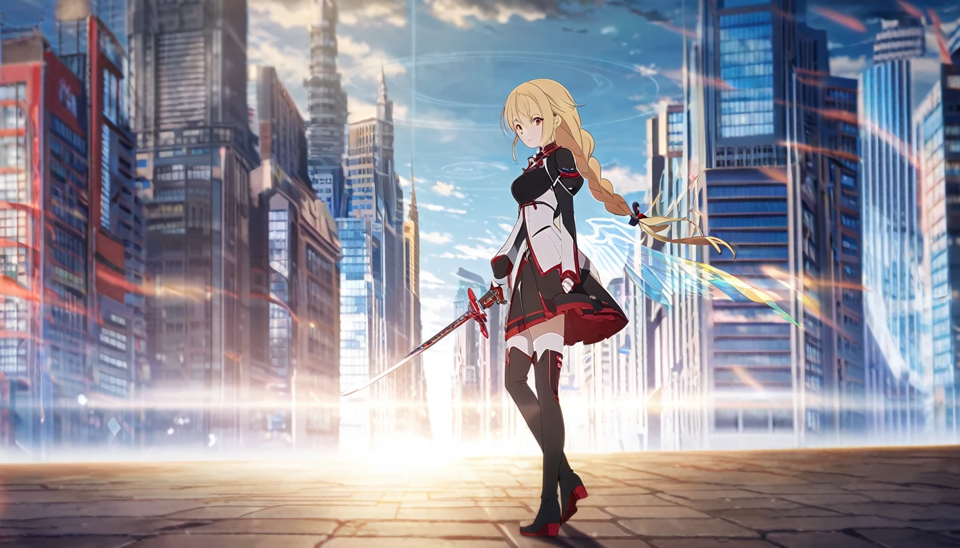 Red outfit, white and Black Outfit, Black And Red Skirt, Black long Boots, Yellow Hair, Long Hair, Orange eyes, Smile, braid hair style,hologram wing, effect, Anime Style, Sword Art online Style,City Background Future, HD