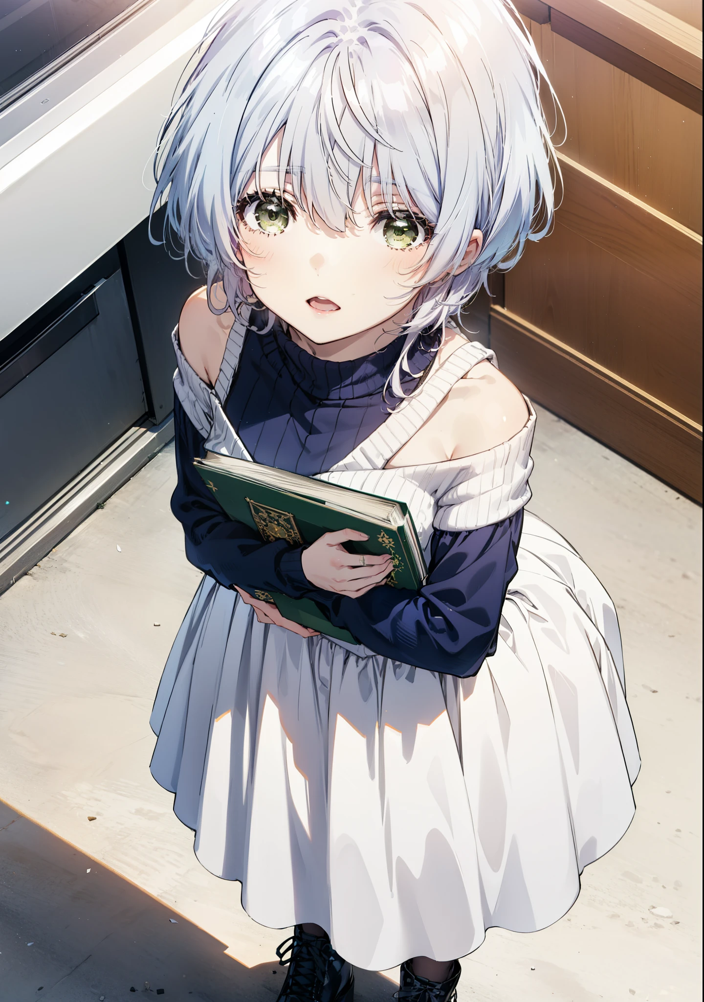 fuukakikuchi, fuuka kikuchi, short hair, bangs, Hair between the eyes, (Green Eyes:1.3),smile,Open your mouth,Grey Hair,One-shoulder sweater,Long skirt,Black pantyhose,short boots,Holding a book in both arms,morning,morning陽,whole bodyがイラストに入るように,
break indoors, figure書館,
break looking at viewer,whole body,
break (masterpiece:1.2), Highest quality, High resolution, unity 8k wallpaper, (figure:0.8), (Beautiful attention to detail:1.6), Highly detailed face, Perfect lighting, Highly detailed CG, (Perfect hands, Perfect Anatomy),