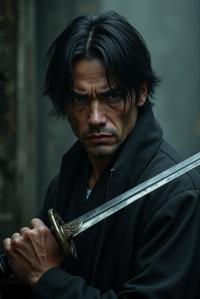 create me a 30 year old man, tired look, dark countenance, medium straight black hair with a katana