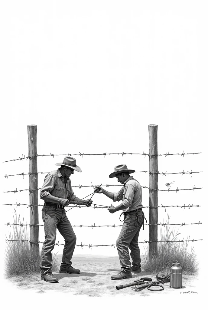 I want you to create a drawing that depicts two people in a rural setting.. The two people building a fence with barbed wire.  I also want you to add the workers&#39; work tools and a thermos of water in one place..  and the background is white