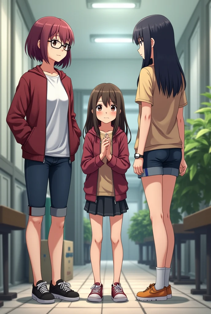 Three teenage girls, the first tall with shoulder-length wine-colored hair with glasses, the second girl shorter than the first but taller than the third with long, waist-length, dark brown hair without glasses and the third with shoulder-length, black hair with glasses. 