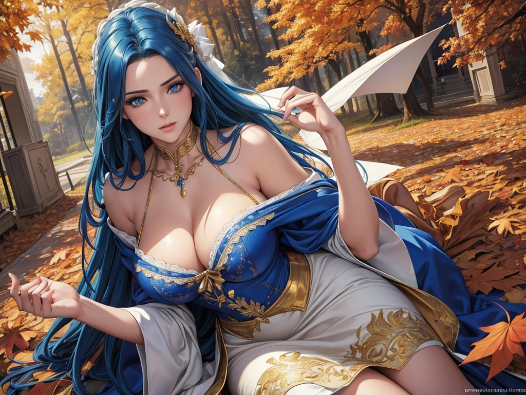 blue eyes, (highest quality, masterpiece painting:1.3), mature woman, 20 years old, (half body shot), masterpiece, ultra high resolution, (Photoreal:1.0), blue hair, beautiful shining hair, white and shining skin, ((Ultra realistic details)), octane rendering, highly detailed face, (big breasts:0.8), ((Heart with both hands:1.2)), She wears stunning costumes inspired by Belle Époque style, flowing gold dress decorated with lace and ribbons, (clothing: gold belle époque dress with lace and ribbons),cleavage perfect body, soft skin, anime face, perfect face, perfect eyes, looking at the viewer, smart, Under autumn leaves tree background, Autumn leaf petals are falling, outdoors,shrine, sharp focus, intricate details, professional artwork, (bright colors:1.1), bright colors, diffused lighting, digital blending, ultra-definition body, ultra detail hair, super detailed face, that'It's trending on pixiv, top button open, Cute gaze, compensate, perfect lips, perfect compensate, Ultra-precision coating, (light_smile:1.0), (Very embarrassed:0.8),