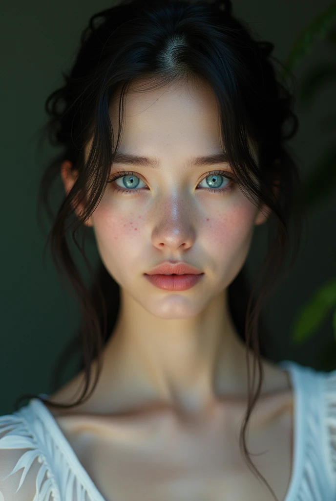 (photorealism:1.2),  Beautiful slim girl Blue eyes Black hair color Cute shine Very pale skin color Realistic 13 years old Nude Natural cinematic realistic image in 8K Realistic shadows.   detailed natural lighting natural pores colors 