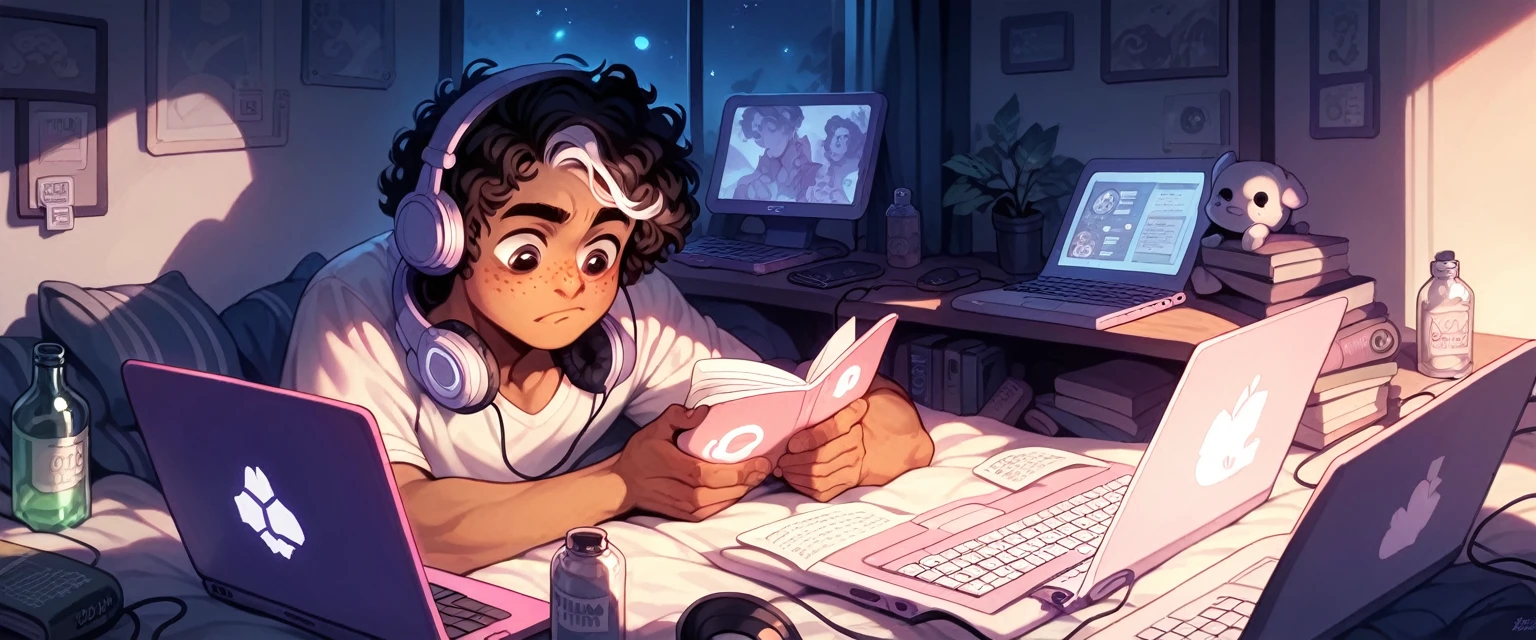 ((Boy)), ((Dark Skin)), ((Freckles on Face)), black curly hair, white streak, ((Studying)), bedroom, ((Calm)), ((Headphones)), ((Laptop)), ((Monitor)), Night, Bottle, Desktop, ((Hacking)), ((Hacker)), Tech, HD, High Resolution, 4K