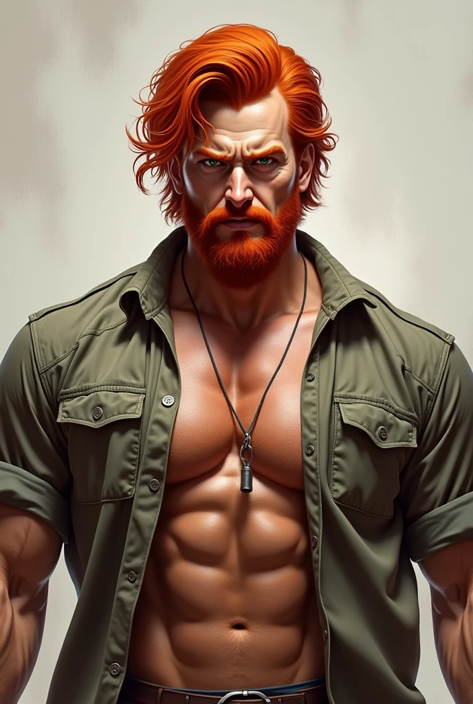 Draw me a red-haired man, with a red beard and goatee minus a mustache and beard. And add a strong physique to it, but not exaggerated.