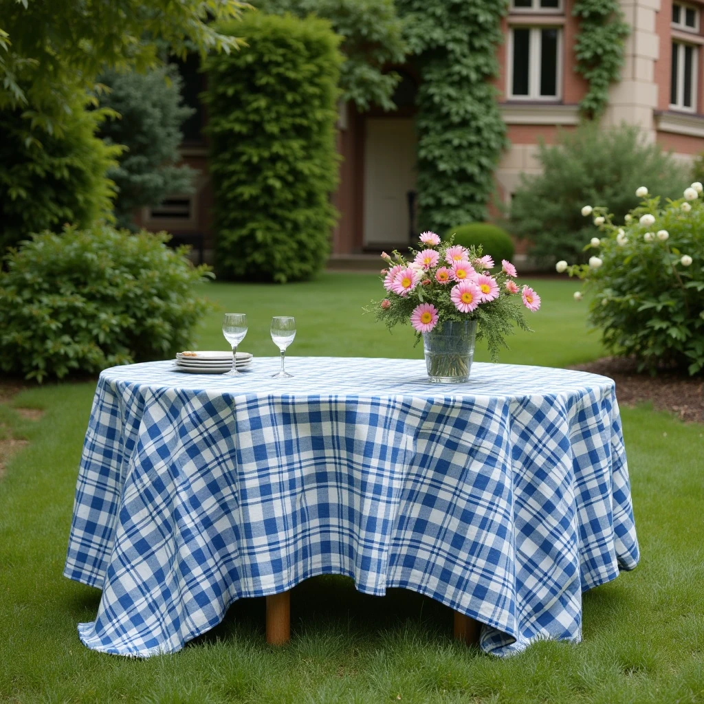Garden table in foreground with blue checkered tablecloth