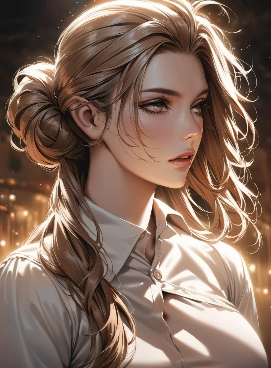 beautiful woman with long hair, light beard, tied hair, wearing formal shirt, detailed portrait, realistic, photorealistic, 4k, high resolution, masterpiece, hyper detailed, cinematic lighting, warm color tones, dramatic lighting, intricate details, elegant, sophisticated, captivating gaze