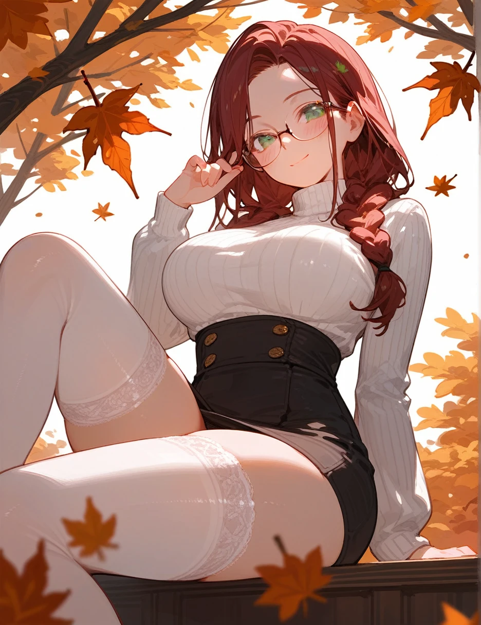 close up, (from below:0.4), autumn, score_9_up,score_8_up, 1girl, solo,((lace)),  green eyes, burgundy hair, braid, long hair, ((blush)), closed mouth, smile, big breast, pose, ((sitting)), (thin girl:1.2), (leaves),  glasses, turtleneck, black skirt, stockings, panties, 
