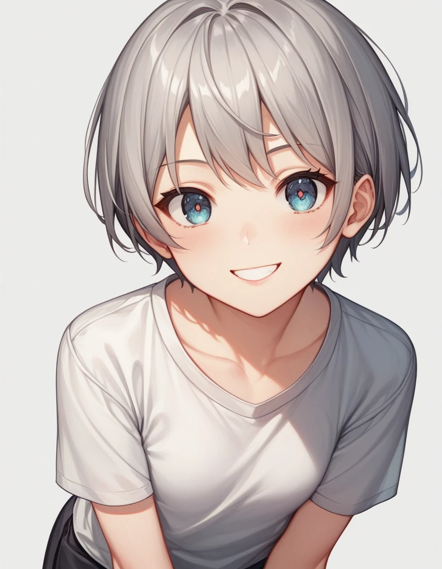 score_9, score_8_superior, score_7_superior,anime, High-resolution images,masterpiece,Highest quality、shirt、Middle school students、Cute Face,Beautiful Skin,Shiny Hair、Short Hair、Gray Hair、smile、Leaning forward、flat chest,Breast flash