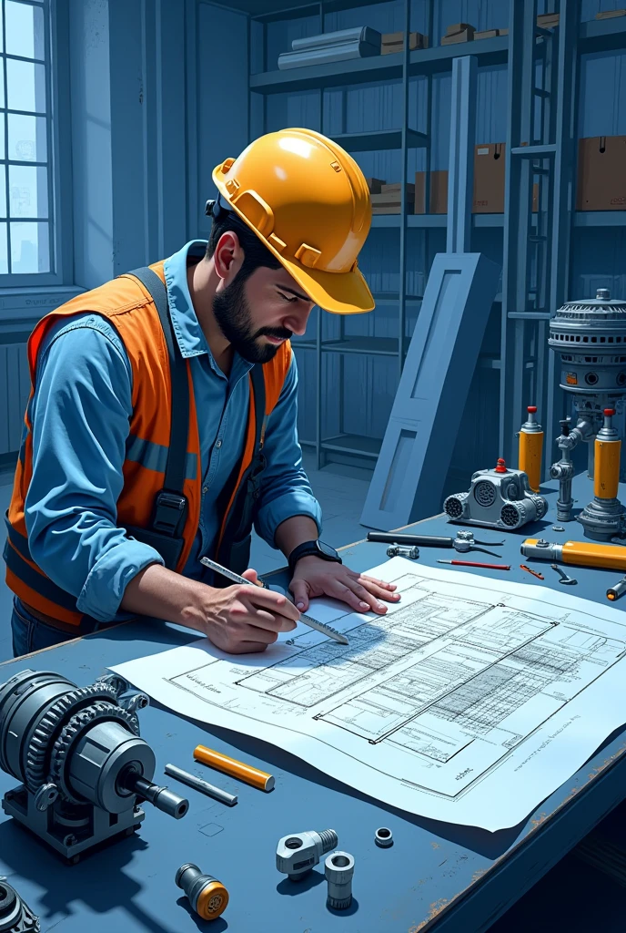 engineer drawing construction project with blue colors