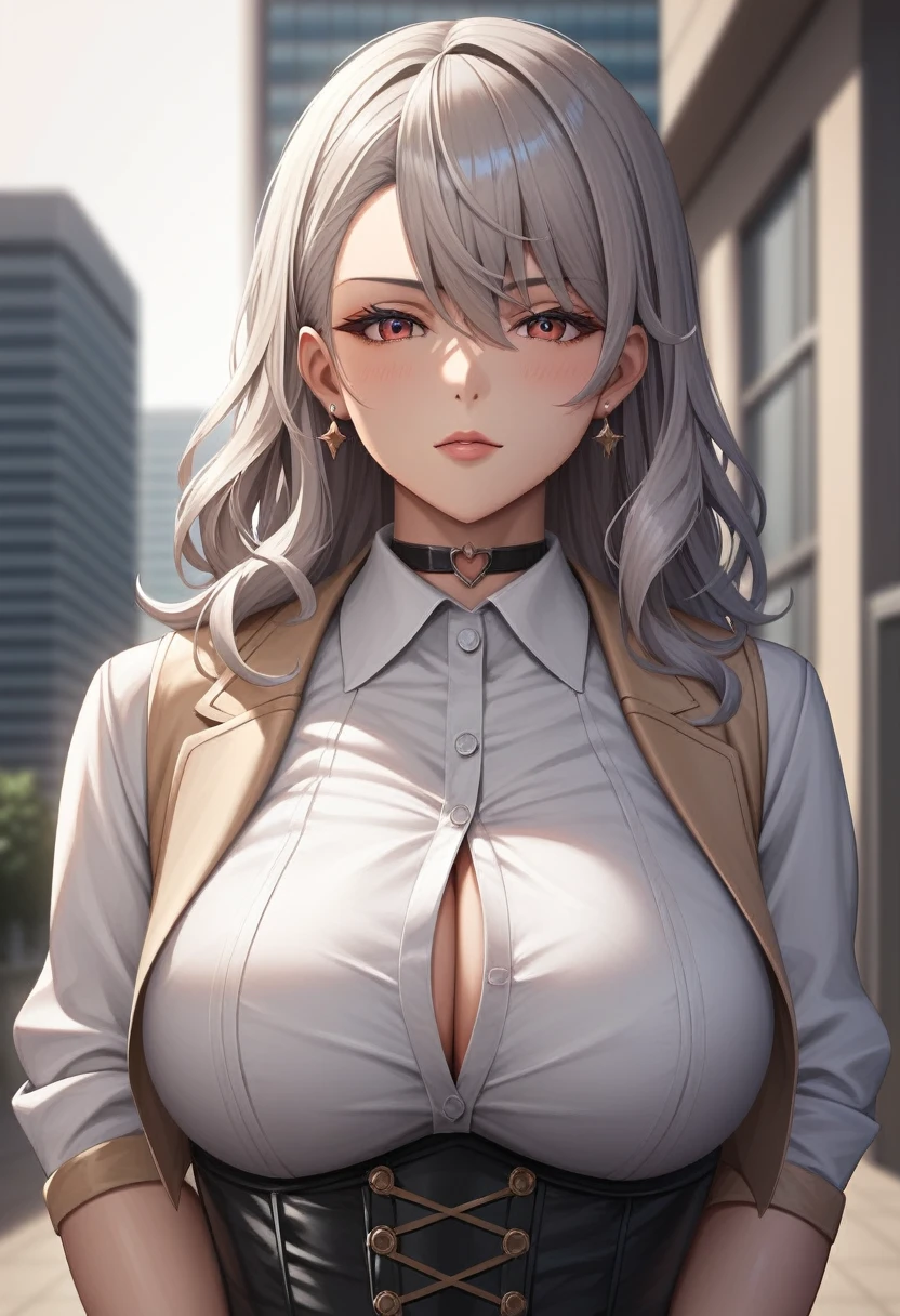 Masterpiece, Beautiful art, professional artist, 8k, art style by sciamano240, rostro de Bronya Zaychik, detailed body, Very detailed face, Detailed clothing, detailed fabric, Best Quality, better resolution, 1 girl, front view, pose sexy, big breasts, serious expression, city background, at night , silver hair, choker:1.6, (long sleeve white collar buttoned shirt), (shiny black corset), black gloves covering your hands, (shiny black miniskirt), looking at the viewer,