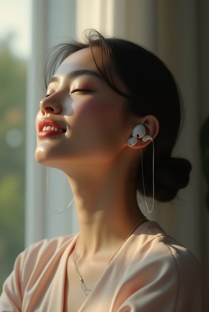 CREATE A WOMAN LISTENING TO MUSIC WITH AIR PODS