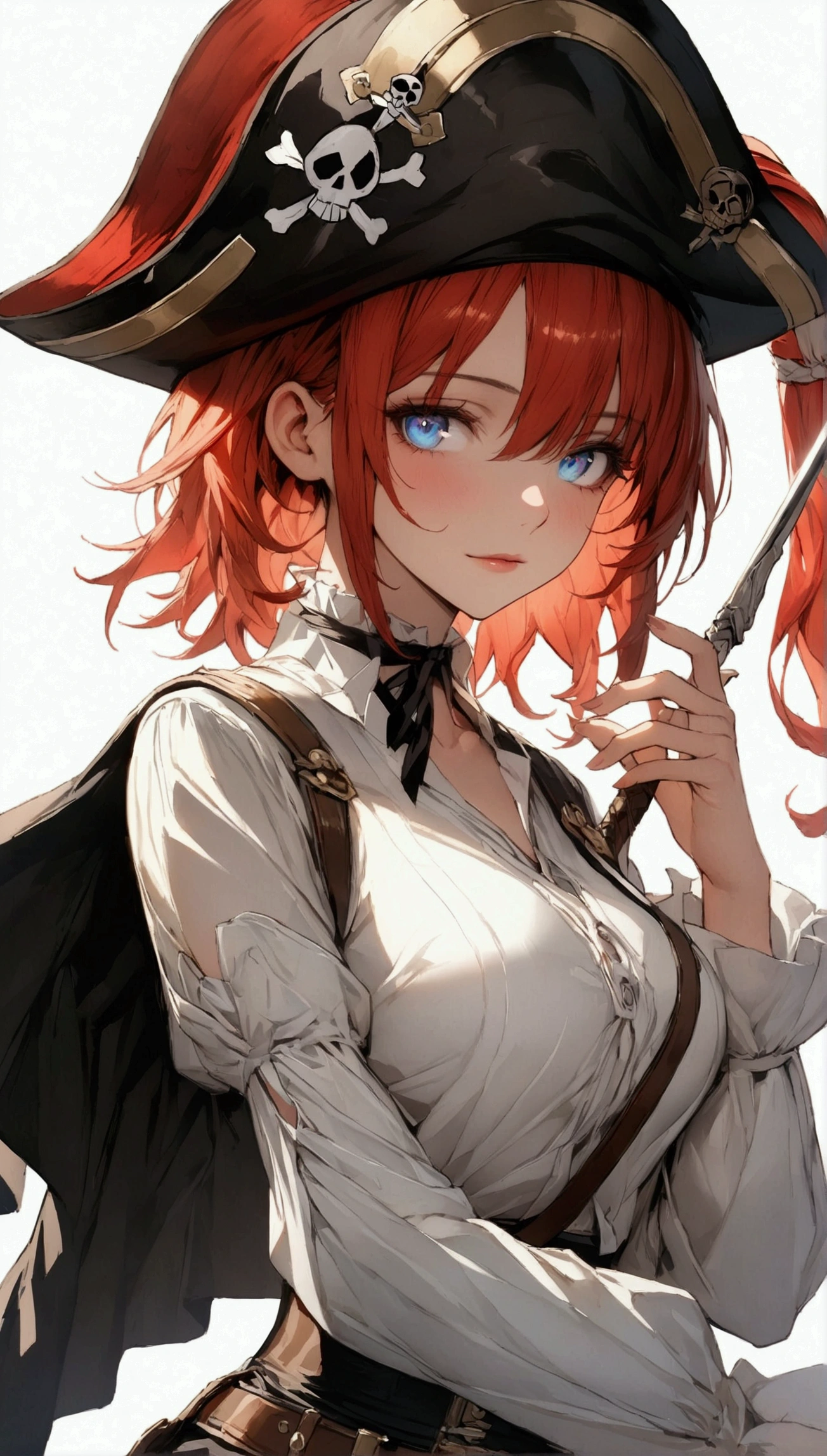 (Masterpiece. The best quality. 8K. Sharp focus. Depth of field, The best shadows. Perfect lighting. HDR. Realistic skin texture. Ultra-detailed background. Detailing, white wallpaper, pgn format). Anime style. Honkai: Star Rail. March 7. 1 girl. Fiery red hair, short hair. Azure blue eyes, beautiful eyes, beautiful eyes, expressive eyes. Beautiful nose, perfect facial features. Perfect anatomical body, slender figure, second size breasts, beautiful breasts, thin waist, rounded hips, beautiful long legs. Pirate hat, white blouse, pirate pants, Uniform cloak, shoulder straps with the Jolly Roger, knee-high boots, wide belt at the waist. Saber in the right hand. Musket in the left hand. Feet shoulder-width apart. Standing at full height. Concept art. Looking at the viewer. Full height. Full body.