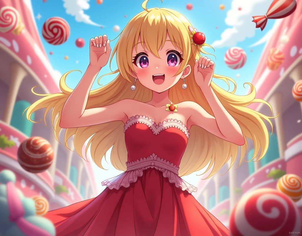 anime girl, blonde, strapless red dress, sleeveless, looking at sweets and candies, fantasy world, cheerful, arms raised up, exposed underarms.