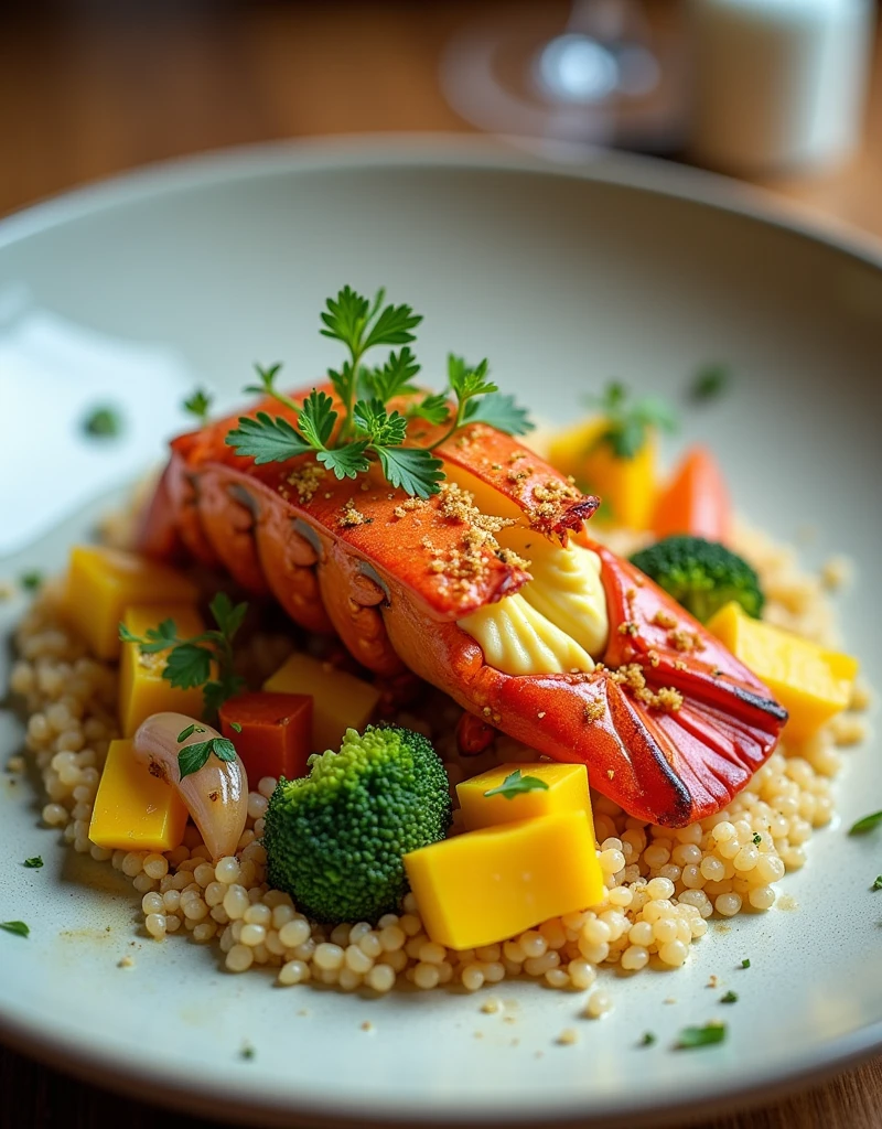 In this dish, Fresh and smooth lobster meets creamy and sweet mango cream, with a touch of spiciness from fresh ginger. All of this is served on a soft, crunchy bed of quinoa and a mix of grilled vegetables., like broccoli, carrot and leek.
We garnish the dish with a delicate soy and ginger sauce., and a garnish of aromatic herbs. The result is a fusion of exotic and colorful flavors that will delight your senses..
Enjoy this SeaArt dish in a relaxing and elegant setting, accompanied by a white wine or a craft beer. It is the perfect culinary experience for those looking for something unique and delicious.!