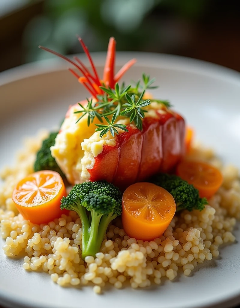 

 In this dish, Fresh and smooth lobster meets creamy and sweet mango cream, with a touch of spiciness from fresh ginger. All of this is served on a soft, crunchy bed of quinoa and a mix of grilled vegetables., like broccoli, carrot and leek.

 We garnish the dish with a delicate soy and ginger sauce., and a garnish of aromatic herbs. The result is a fusion of exotic and colorful flavors that will delight your senses..

 Enjoy this SeaArt dish in a relaxing and elegant setting, accompanied by a white wine or a craft beer. It is the perfect culinary experience for those looking for something unique and delicious.!