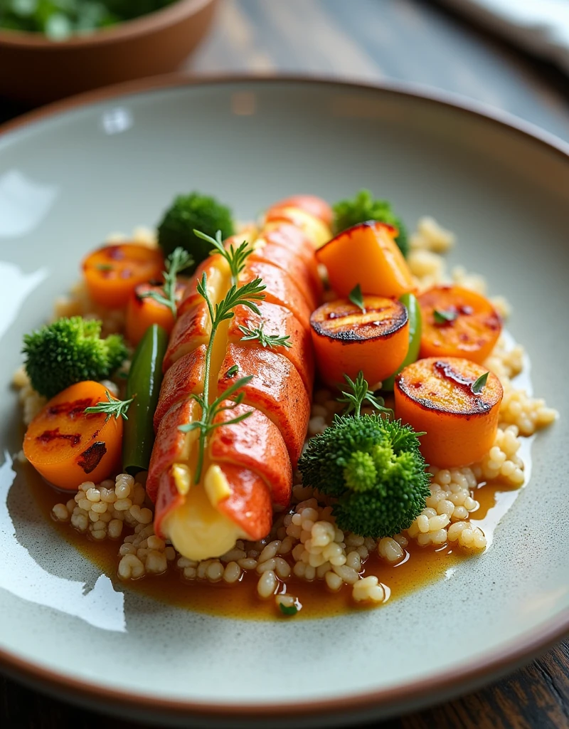 In this dish, Fresh and smooth lobster meets creamy and sweet mango cream, with a touch of spiciness from fresh ginger. All of this is served on a soft, crunchy bed of quinoa and a mix of grilled vegetables., like broccoli, carrot and leek.
We garnish the dish with a delicate soy and ginger sauce., and a garnish of aromatic herbs. The result is a fusion of exotic and colorful flavors that will delight your senses..
Enjoy this SeaArt dish in a relaxing and elegant setting, accompanied by a white wine or a craft beer. It is the perfect culinary experience for those looking for something unique and delicious.!