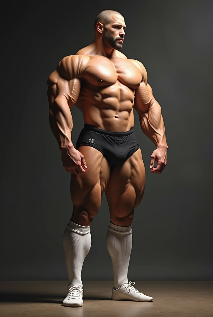 A bodybuilder who is only 20 years old but is the greatest bodybuilder in history, It is so big that the proportions of its muscles escape logic..
He is wearing a pair of thigh-high white football socks which highlight his universal proportions..
He does not have a beard