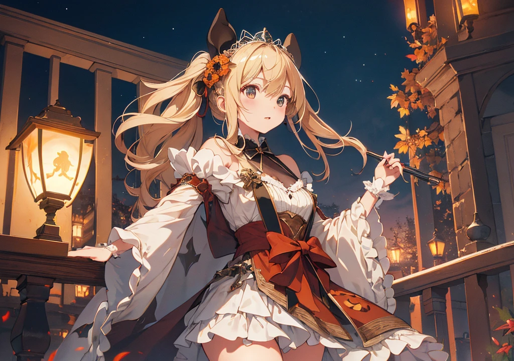 Realistic photos, Focus distance 10mm, Red and white, Beautiful girl, Realistic photos, Shooting at focus distance 10mm, masterpiece, 最high quality, high quality, Very detailed CG 8k wallpaper unit, Award-winning photography, Depth of written boundary, High resolution, bloom, chromatic aberration, Realistic, Very detailed, Art Station Trends, CGsociety Trends, Complex, High detail, dramatic, Art on the go, volumetric lighting, A beautiful blonde girl holds a Disney-style magic wand and looks up at the night sky on a castle balcony on Halloween night. A full moon and lit up pumpkin lanterns stand in the background