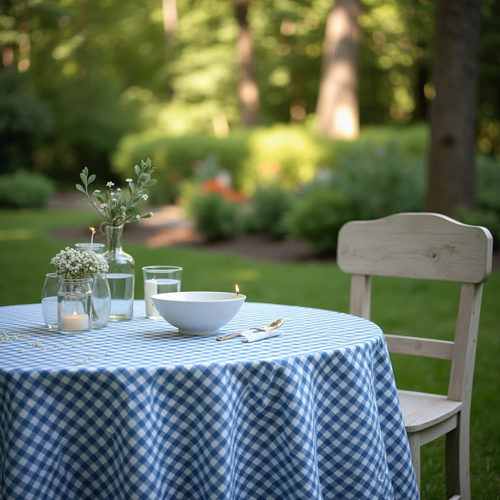 Garden table in foreground with blue checkered tablecloth