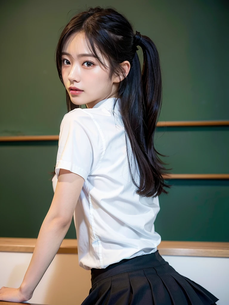 (masterpiece:1.3), (8k, Realistic, RAW Photos, Best image quality: 1.4), (Random Hairstyles:1.2)、(Highly detailed face)、Attention to detail、double eyelid、(Dark Eyes),(Sharp focus:1.2)、((whole body:1.5)),One Woman、Beautiful woman:1. 4,20-year-old woman、smile,Woman with a perfect body,Beautiful Abs,Chest-length hair、Highest quality、masterpiece、Ultra-high resolution、(Realistic:1.4)、super high quality、Symmetrical face、The face is very realistic、Photo level、8k最高画質はフル、Sebaceous reflex、The face is very realistic、Extremely realistic skin、Realistic light and shadow effects、(Pure and elegant),Professional Lighting、((Swayback stance)),(((Beautiful thighs))),(Sexy pose,Seductive pose),Recurve your hips back,Bend your waist,((dance,dance,Dancing)),((School classroom,blackboard)),(((School Uniform:1.3,Skirt too short,White Shirt))),tie,(((Accentuate your butt))),(Panties are slightly visible),((パンティーが見えるくらいのSkirt too short)),((View from below:1.3))
