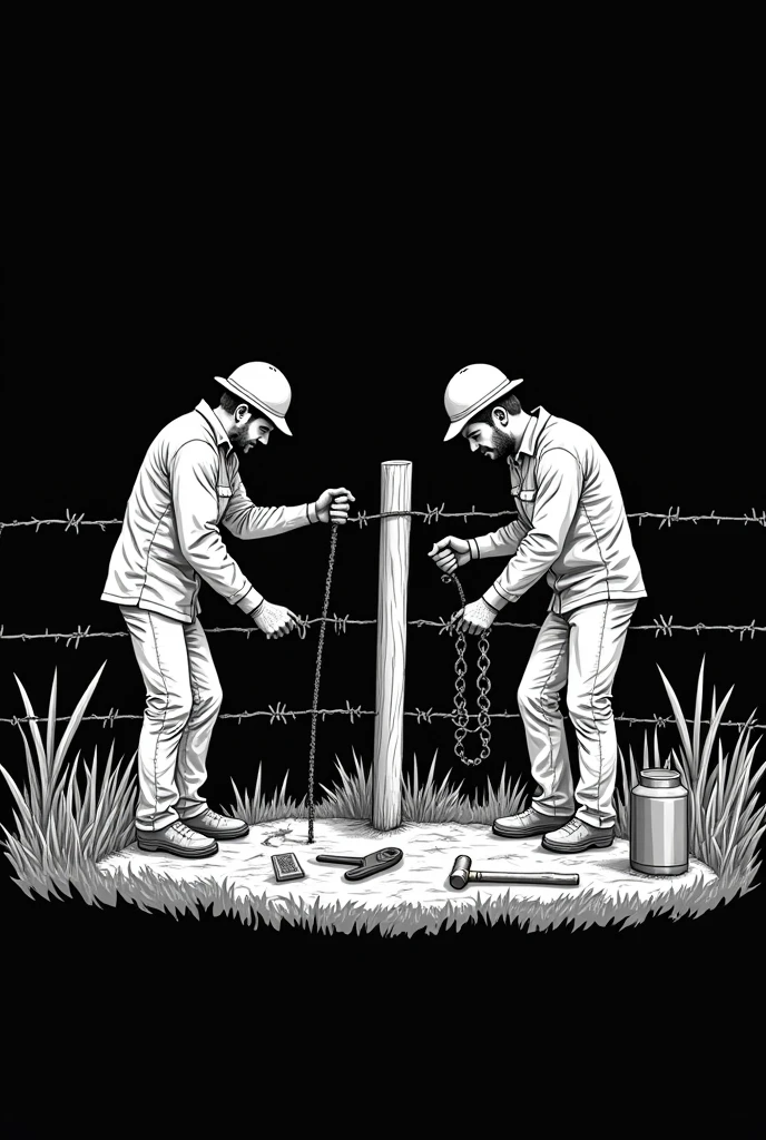 I want you to create a drawing that depicts two people in a rural setting.. The two people building a fence with barbed wire. I also want you to add the workers' work tools and a thermos of water in one place.. and the background is black and the design is white
