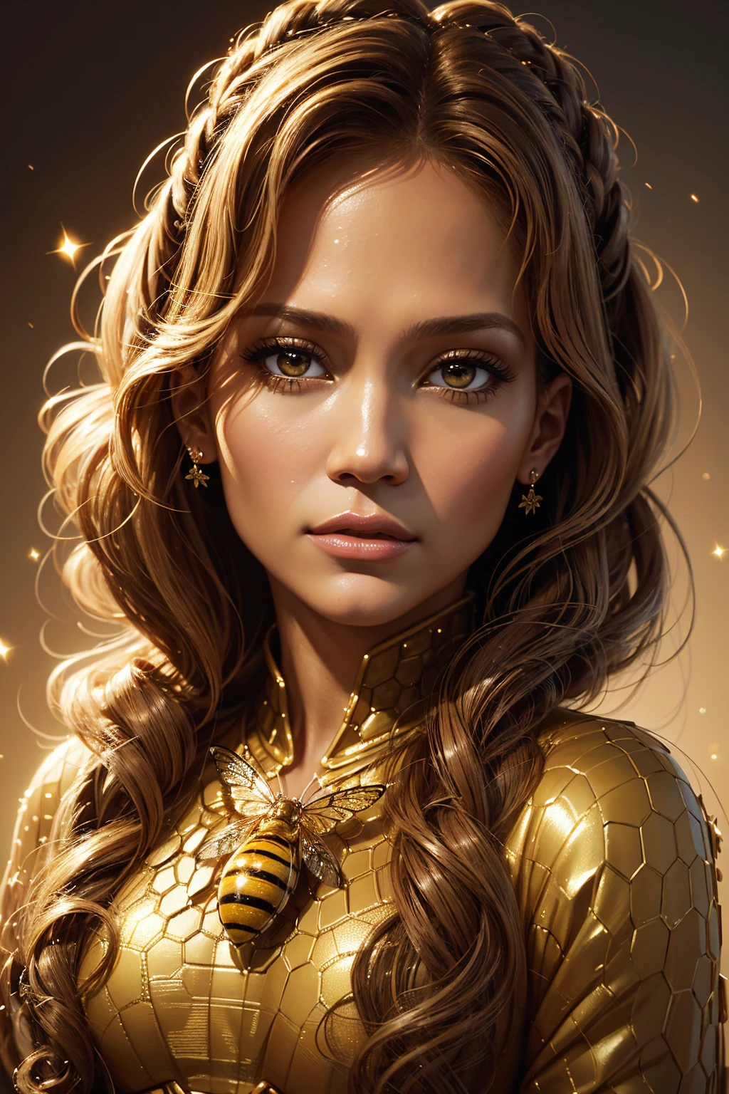 portrait Jennifer Lopez, wearing bee costume, against the background of a beehive, character portrait, 9 9 9 0 s, curly hair, intricate, elegant, highly detailed, digital painting, artstation, concept art, smooth, sharp focus, illustration, art by wlop, charlie bowater and alexandra fomina, 36k, glittering, shining