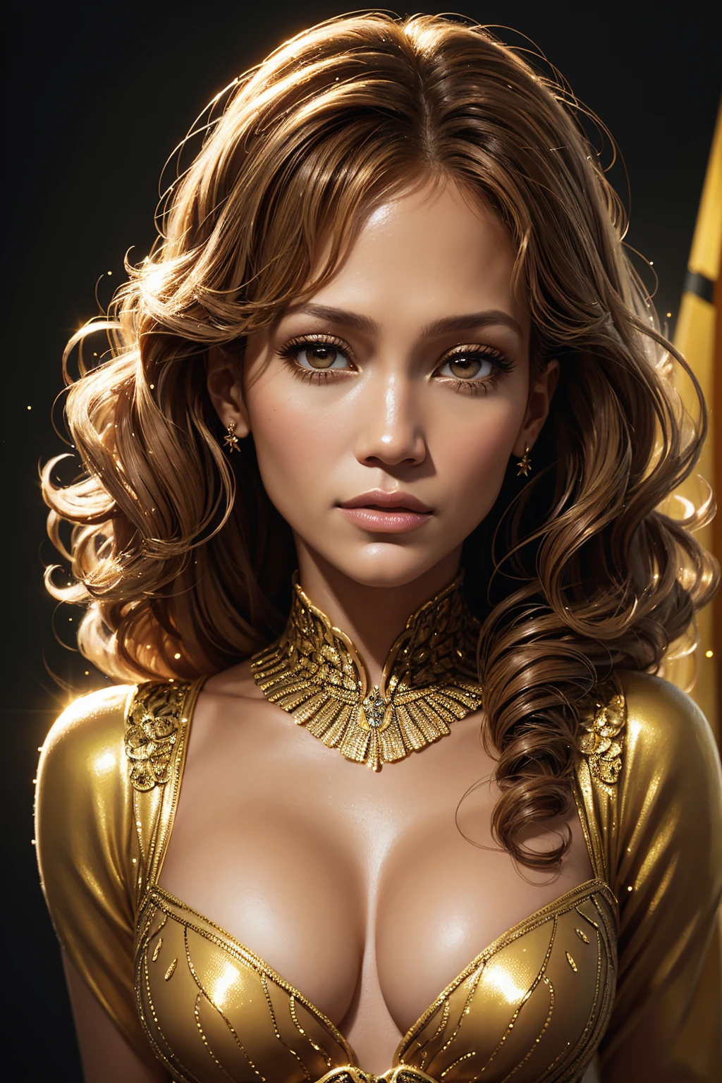 portrait Jennifer Lopez, wearing bee costume, against the background of a beehive, character portrait, 9 9 9 0 s, curly hair, intricate, elegant, highly detailed, digital painting, artstation, concept art, smooth, sharp focus, illustration, art by wlop, charlie bowater and alexandra fomina, 36k, glittering, shining