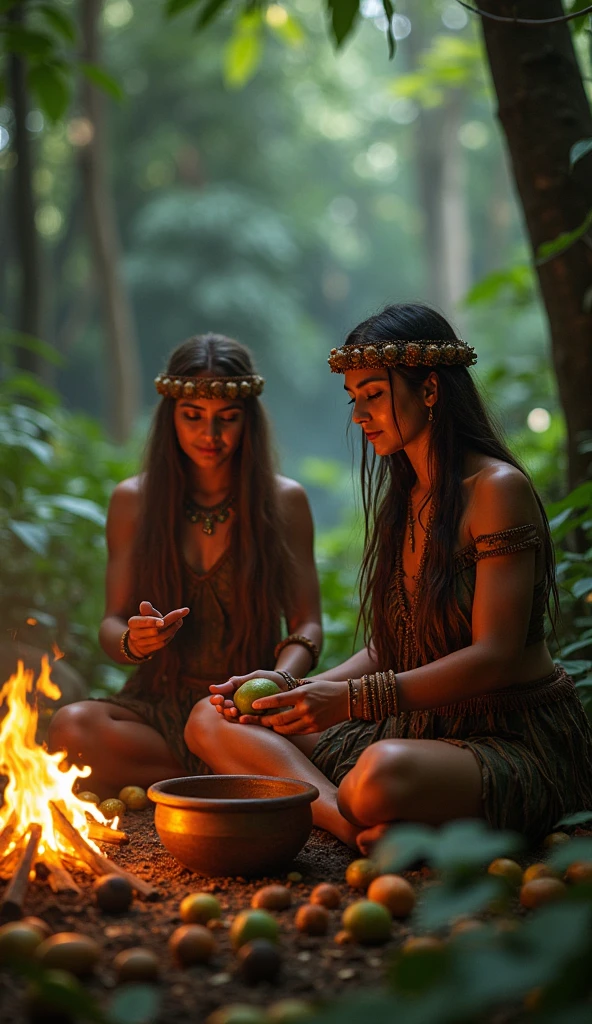 a woman with long straight light brown hair and another with shoulder length wavy light brown hair, both Aztec and Mayan healers with equal importance in the ritual, in a forest around a campfire doing a cocoa ritual, one holding the cocoa fruit and the other a bowl over the fire, in the background a cocoa tree and the cocoa fruit on the ground, convey depth