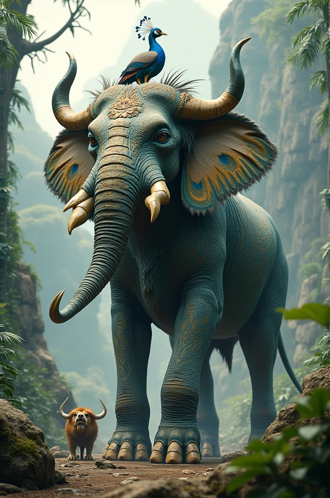 Fais moi une creature qui mixe éléphant paon lion taureau