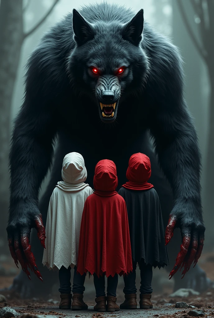 Make a cape featuring a werewolf with black fur and red eyes with blood on its claws, and 3 children the 3 children were wearing red caps and black clothes, there will be 2 white children and one black child