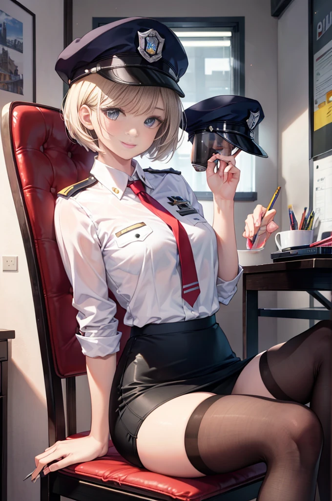 (masterpiece), 4K,woman,I have a pen,policewoman,Police,hat,Small breasts,Small Ass,Bobcut,Light bulb lighting,Realistic, skinny, Amis Stockings,smile,Sit on a chair,((Knee-length pencil skirt)),