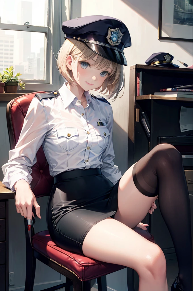 (masterpiece), 4K,woman,I have a pen,policewoman,Police,hat,Small breasts,Small Ass,Bobcut,Light bulb lighting,Realistic, skinny, Amis Stockings,smile,Sit on a chair,((Knee-length pencil skirt)),