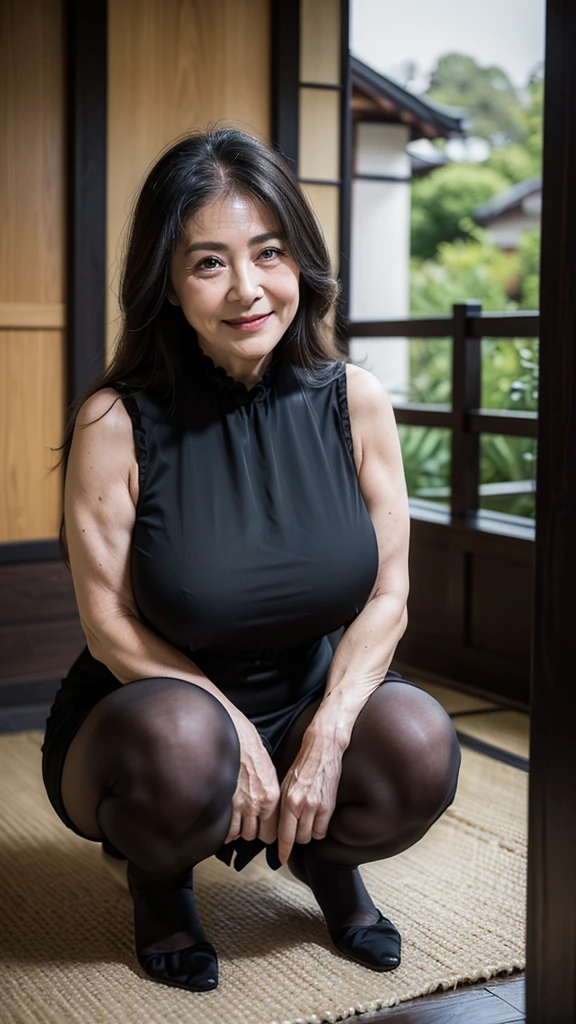(masterpiece:1.4),(66-year-old woman:1.5),(Facial wrinkles : 1.2),A kind smile, (Long Hair : 1.1), (Sleeveless black mourning clothes), (black nylon tights : 1.2), Motherhood Mature Woman, Plump arms, Plump thighs, (Focus on the thighs : 1), squat , On my knees, Entrance, Traditional Japanese house