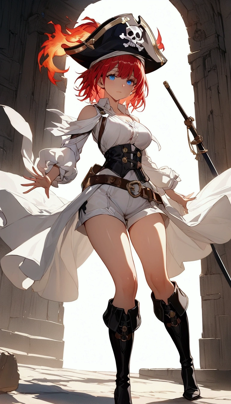 (Masterpiece. The best quality. 8K. Sharp focus. Depth of field, The best shadows. Perfect lighting. HDR. Realistic skin texture. Ultra-detailed background. Detailing, white wallpaper, pgn format). Anime style. Honkai: Star Rail. March 7. 1 girl. Fiery red hair, short hair. Azure blue eyes, beautiful eyes, beautiful eyes, expressive eyes. Beautiful nose, perfect facial features. Perfect anatomical body, slender figure, second size breasts, beautiful breasts, thin waist, rounded hips, beautiful long legs. Pirate hat, white blouse, pirate pants, Uniform cloak, shoulder straps with the Jolly Roger, knee-high boots, wide belt at the waist. Saber in the right hand. Musket in the left hand. Feet shoulder-width apart. Standing at full height. Concept art. Looking at the viewer. Full height. Full body.