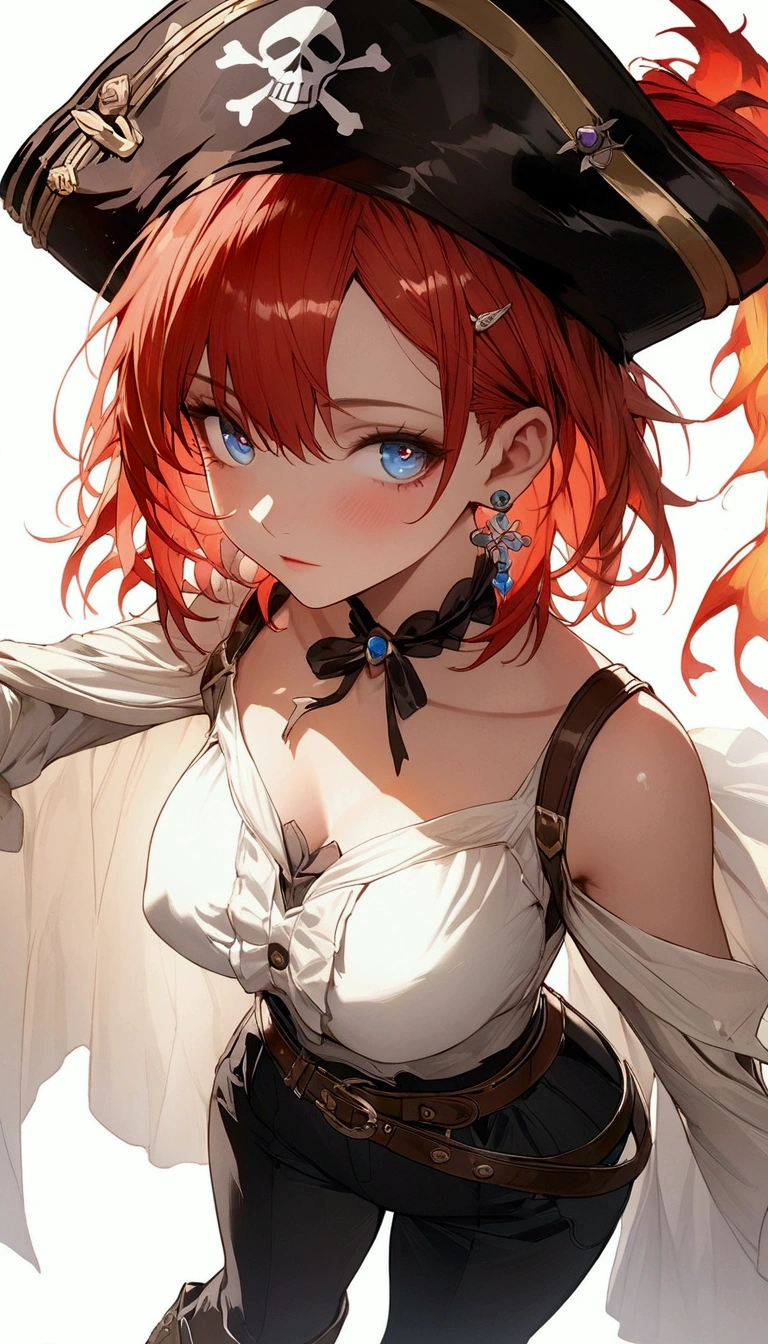 (Masterpiece. The best quality. 8K. Sharp focus. Depth of field, The best shadows. Perfect lighting. HDR. Realistic skin texture. Ultra-detailed background. Detailing, white wallpaper, pgn format). Anime style. Honkai: Star Rail. March 7. 1 girl. Fiery red hair, short hair. Azure blue eyes, beautiful eyes, beautiful eyes, expressive eyes. Beautiful nose, perfect facial features. Perfect anatomical body, slender figure, second size breasts, beautiful breasts, thin waist, rounded hips, beautiful long legs. Pirate hat, white blouse, pirate pants, Uniform cloak, shoulder straps with the Jolly Roger, knee-high boots, wide belt at the waist. Saber in the right hand. Musket in the left hand. Feet shoulder-width apart. Standing at full height. Concept art. Looking at the viewer. Full height. Full body.
