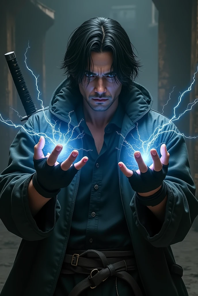 create me a 30 year old man, tired look, dark countenance, medium straight black hair with a katana and gloves with electricity 