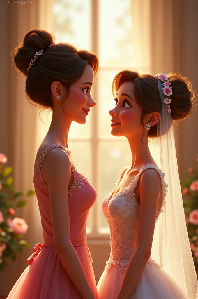 The mother of the bride with pink dress talking to the bride,3d, pixar disney style, cinematic masterpiece, aesthetic