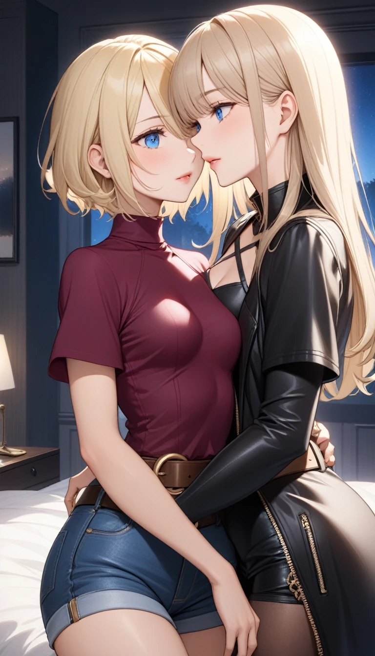 Two beautiful ladies ((lady 1: 35y old mom, with short straight blonde hair, lady 1 with blue eyes and caucasian skin, lady 1 wearing Tight Jean Shorts and Leather Belt, lady 1 Sexy Criss Cross Mock Neck Short Sleeves Black Coat)), ((lady 2: 13y old daughter, with short straight blonde hair, lady 2 with blue eyes and caucasian skin, lady 2 wearing Tight Jean Shorts and Leather Belt, lady 2 Sexy Criss Cross Mock Neck Short Sleeves Burgundy Blouse)), luxurious jewelry, 18k gold wedding ring on left hand, standing in their bedroom at night, hugging and kissing each other, (light brown lipstick), (elegant mascara), (slim body), (small breasts), (wide hips), endjourney, <lora:GoodHands-, <lora:GoodLegs-, UHD, high resolution, (expressive eyes, perfect face, full body, expressive face, perfect body, perfect pussy, athletic, fit, slim body, blushing, Perfect makeup, eyeliner, beautiful eyelashes, smiling, horny face), ((best illumination, best shadows)), ((sexy pose)), ((Front pov:1.1))
