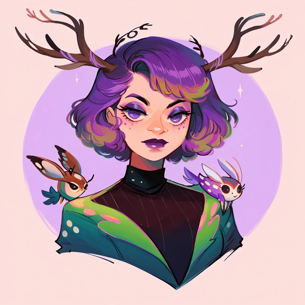 score_9, score_8_up, score_7_up, score_6_up, bg4, fierce Jackalope woman, antlers, short hair. purple black and fuchsia