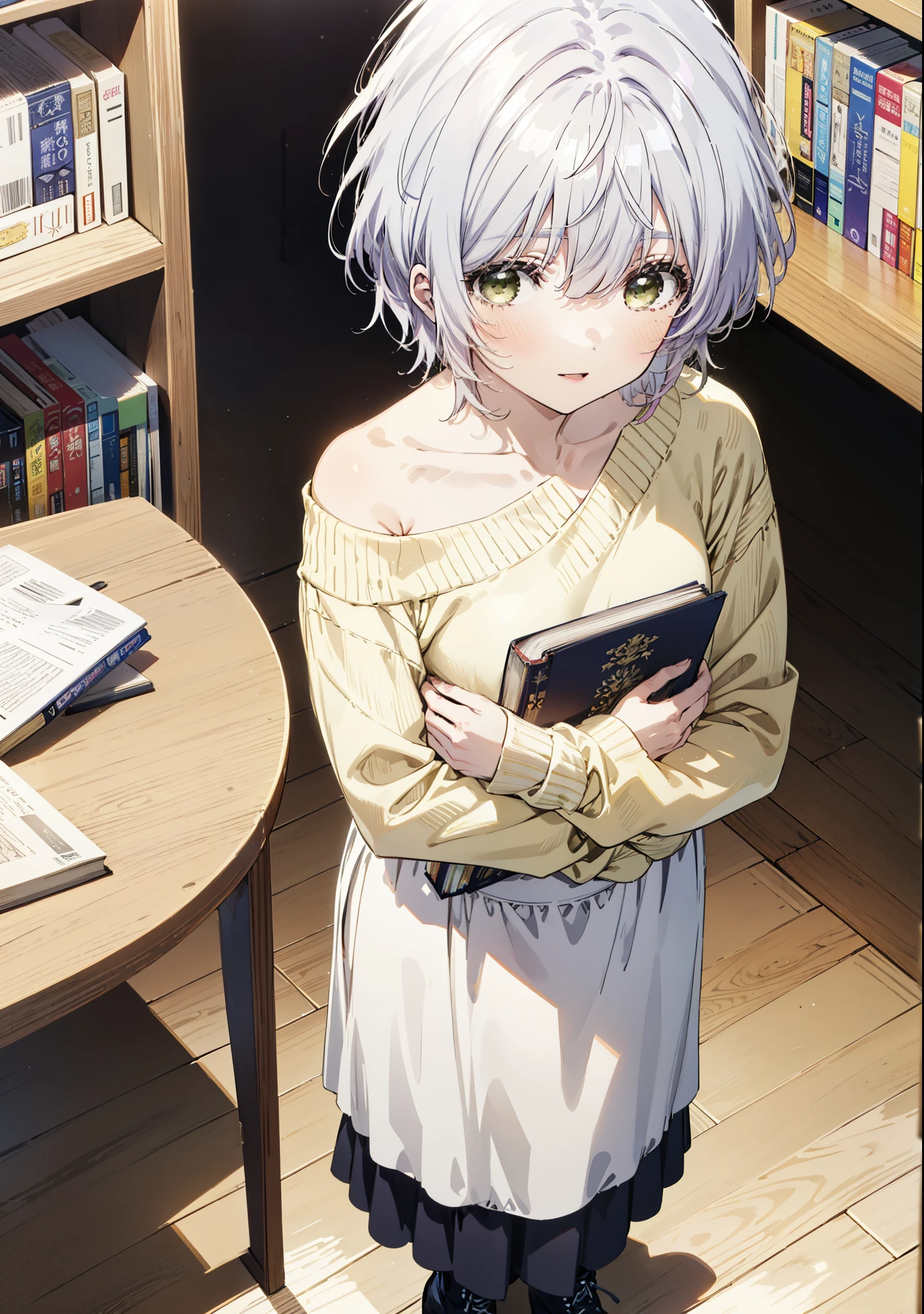 fuukakikuchi, fuuka kikuchi, short hair, bangs, Hair between the eyes, (Green Eyes:1.3),smile,Open your mouth,Grey Hair,One-shoulder sweater,Long skirt,Black pantyhose,short boots,Holding a book in both arms,Bookshelf,There are many books piled up on the table,whole bodyがイラストに入るように,
break indoors, figure書館,
break looking at viewer,whole body,
break (masterpiece:1.2), Highest quality, High resolution, unity 8k wallpaper, (figure:0.8), (Beautiful attention to detail:1.6), Highly detailed face, Perfect lighting, Highly detailed CG, (Perfect hands, Perfect Anatomy),