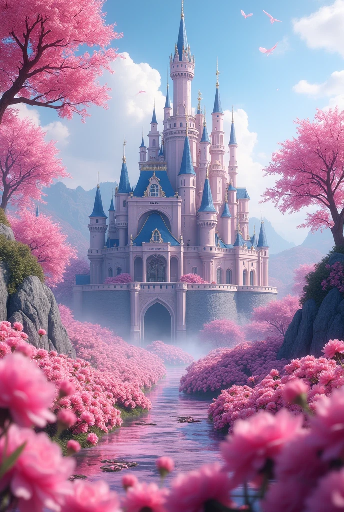 Pink flowers in front of the castle with the word Jaíne written on it