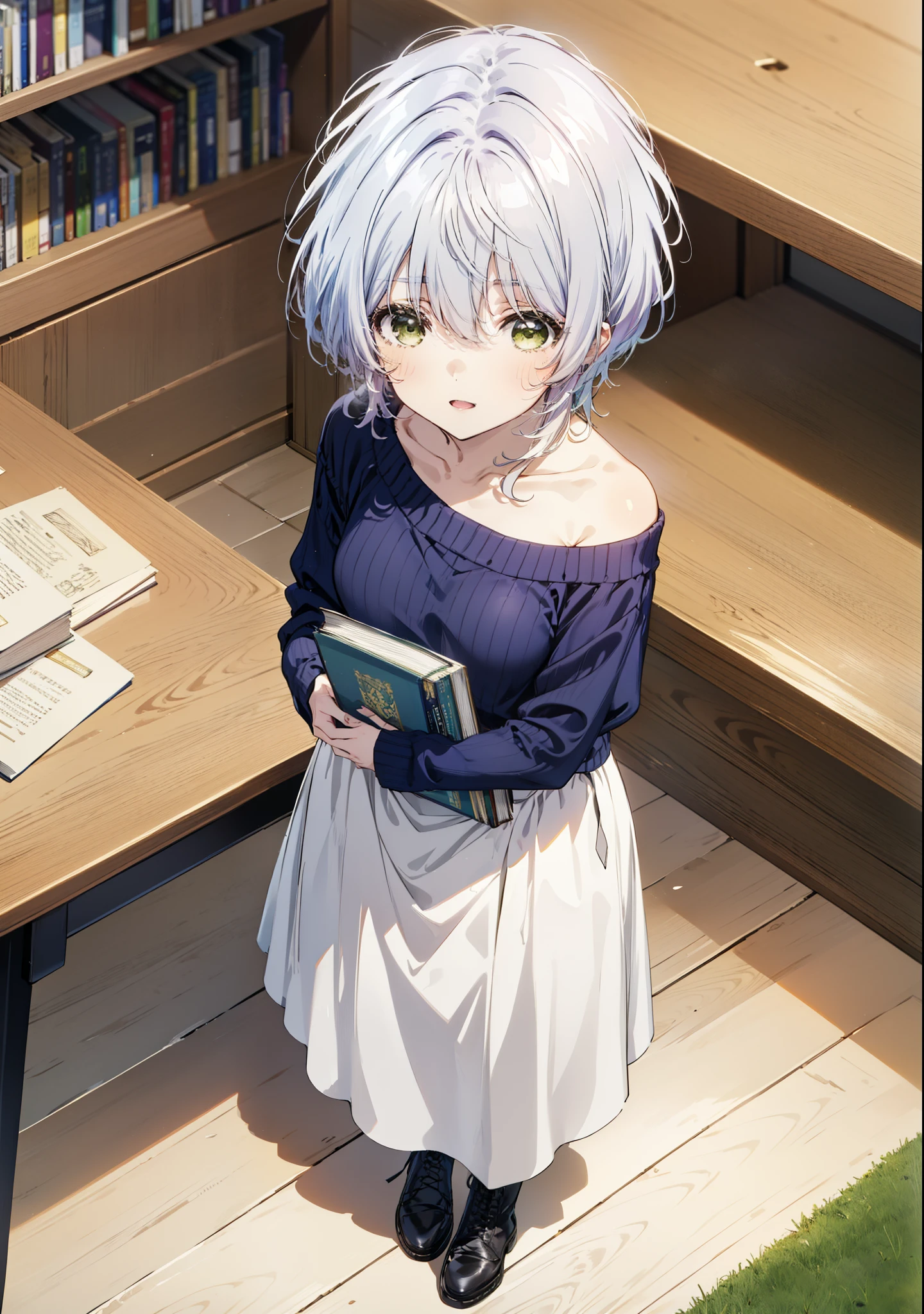 fuukakikuchi, fuuka kikuchi, short hair, bangs, Hair between the eyes, (Green Eyes:1.3),smile,Open your mouth,Grey Hair,One-shoulder sweater,Long skirt,Black pantyhose,short boots,Holding a book in both arms,Bookshelf,There are many books piled up on the table,whole bodyがイラストに入るように,
break indoors, figure書館,
break looking at viewer,whole body,
break (masterpiece:1.2), Highest quality, High resolution, unity 8k wallpaper, (figure:0.8), (Beautiful attention to detail:1.6), Highly detailed face, Perfect lighting, Highly detailed CG, (Perfect hands, Perfect Anatomy),