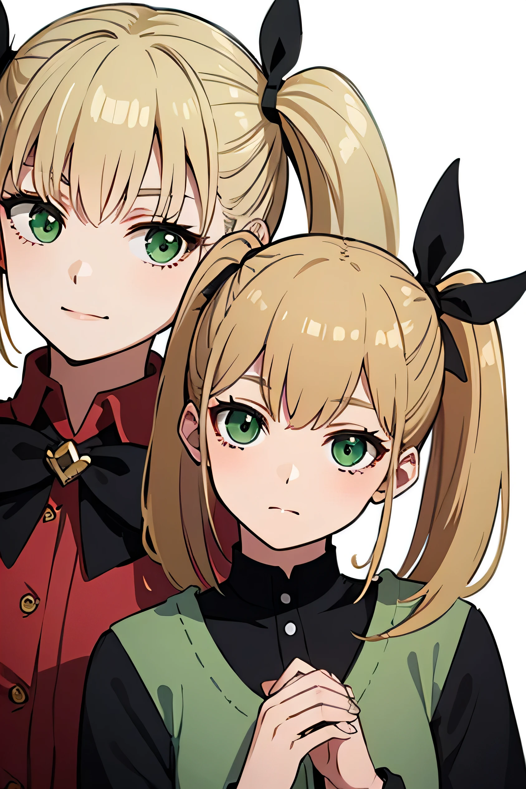 ((Highest quality)), ((masterpiece)), (detailed), Perfect Face. Asian. blonde. Twin tails. Black Ribbon. Green Eyes. Casual clothing.