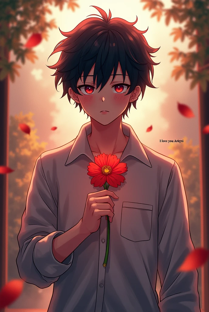 Shoto todoroki from My hero academia holding a flower and a text that says I love you arleyni 