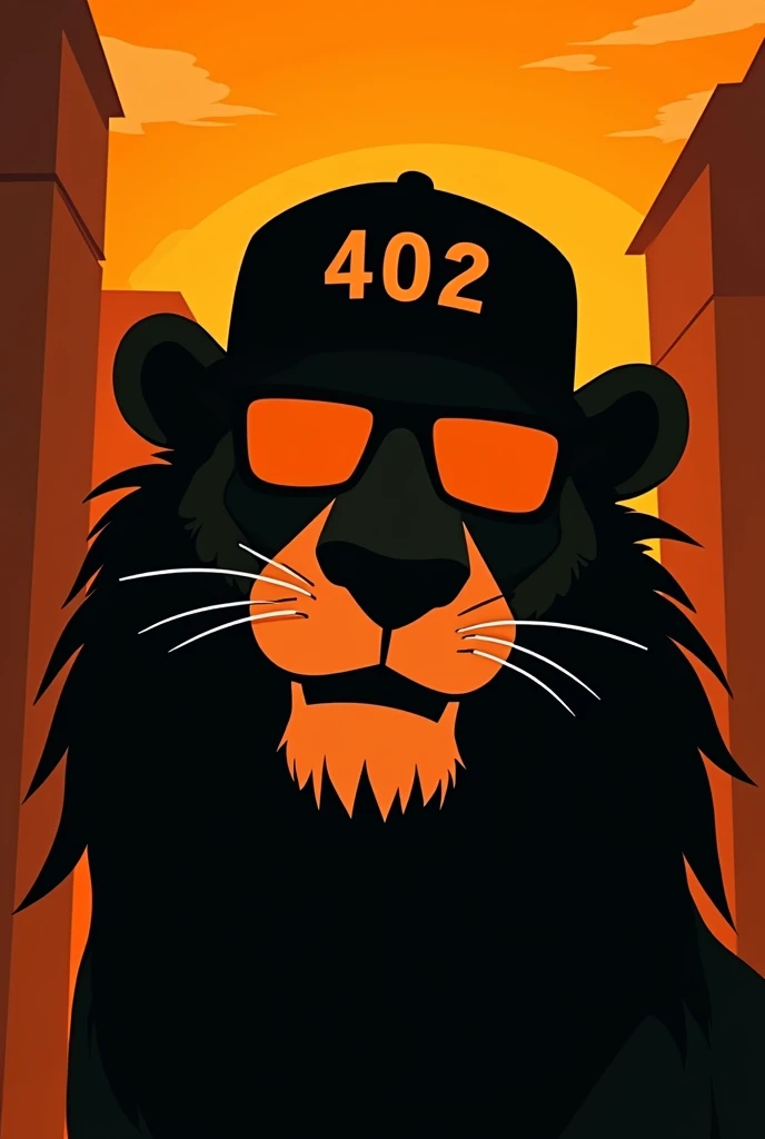 silhouette of only the front face of a smiling lion animated with urban flow with completely dark square glasses and a backwards cap that transmits appetite with orange and black colors and on the cap put 402 showing only the silhouette of the face