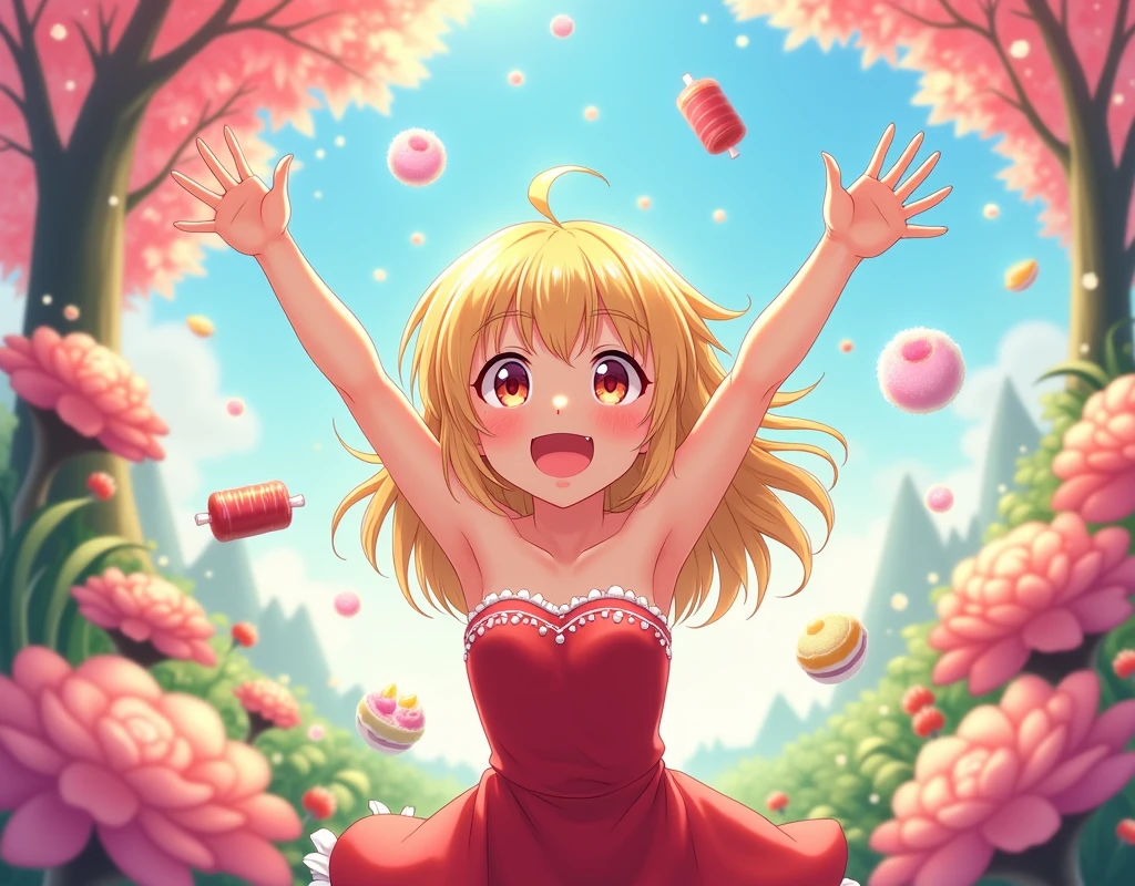anime girl, blonde, strapless red dress, sleeveless, looking at sweets and candies, fantasy world, cheerful, arms raised up, exposed armpits.