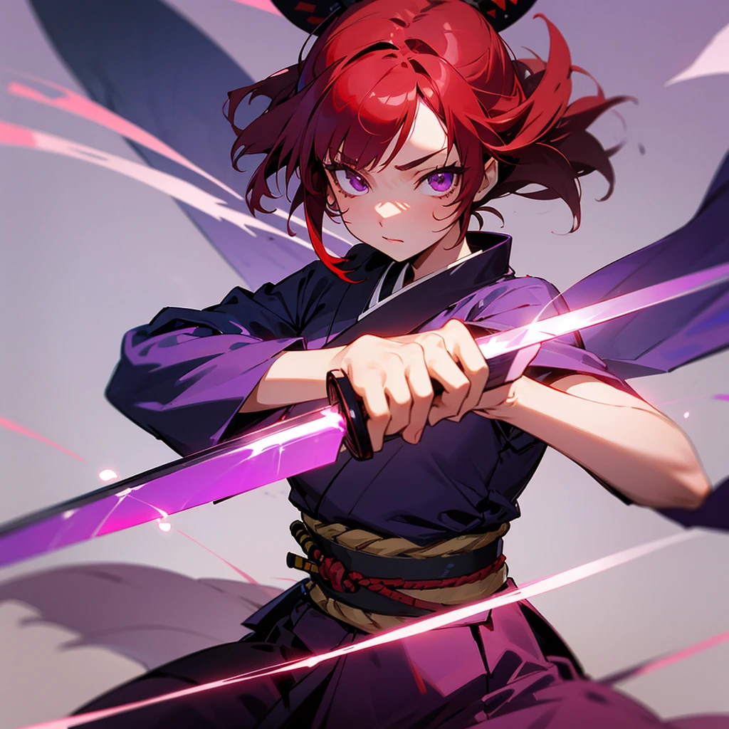 She is a young samurai with blood-red hair. and has purple eyes Surrounded by a two-colored aura. and holding a samurai sword