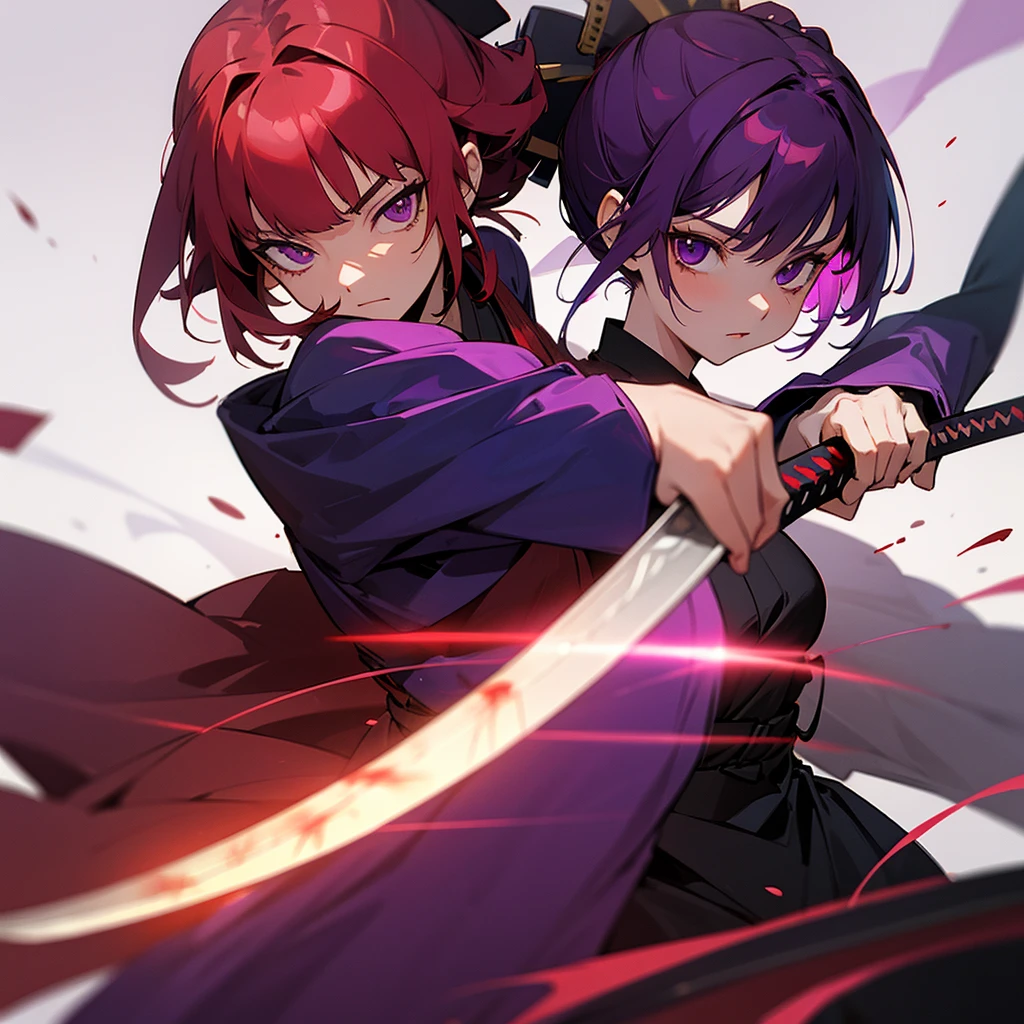 She is a young samurai with blood-red hair. and has purple eyes Surrounded by a two-colored aura. and holding a samurai sword